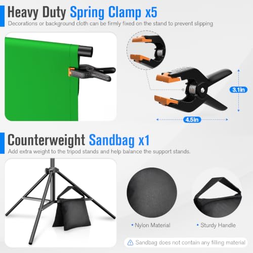 Green Screen Backdrop Kit with Stand, 8x7.2ft Green Background with Reverse Folding Base, Portable T-Shape Stand with 5 Spring Clamps, Sandbag, Carry Bag for Zoom, Streaming, Photography