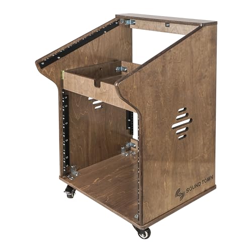 Sound Town DIY Solid Baltic Birch Plywood Studio Rack with 11U Slant Mixer Top, 10U Front, 2U Drawer, Rubber Feet, Casters, Weathered Brown (SDRK-M11X10B) - size: 10U,Weathered Brown