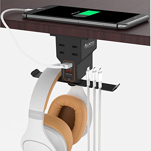 Gaming Headphone Stand with Charging Station - Aluminum Hooks Headphone Holder, Under Desk Headset Stand, 3 USB & AC Outlet, Surge Protector & Cable Organizer, Gift for Girl/Men - color: Black