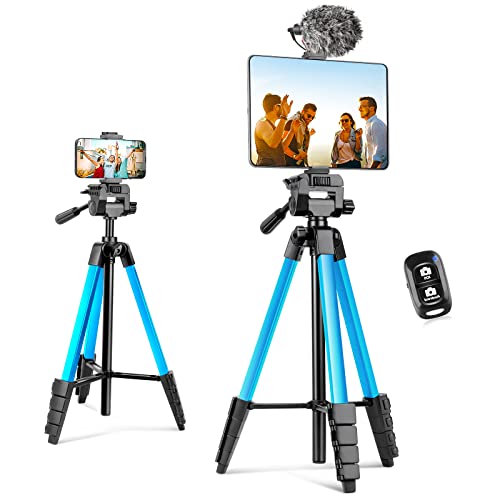 Aureday Phone Tripod Stand, 64” Extendable Cell Phone&Camera Tripod with Wireless Remote and Phone Holder, Aluminum iPad Tripod for Video Recording/Selfies/Live Stream/Vlogging (Blue) - color: Blue, size: 64in