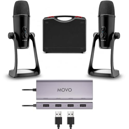 Movo 2-Person USB Podcast Bundle – 2 Condenser Mics, Case, and USB Hub | Plug-And-Play, No Drivers: Zoom, OBS, Audacity, Mac & Windows. Headphone Monitoring. For Interviews, Streaming, Classrooms. - style: with 2 Mics (Black)