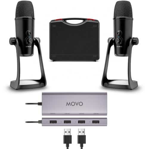 Movo 2-Person USB Podcast Bundle – 2 Condenser Mics, Case, and USB Hub | Plug-And-Play, No Drivers: Zoom, OBS, Audacity, Mac & Windows. Headphone Monitoring. For Interviews, Streaming, Classrooms. - style: with 2 Mics (Black)