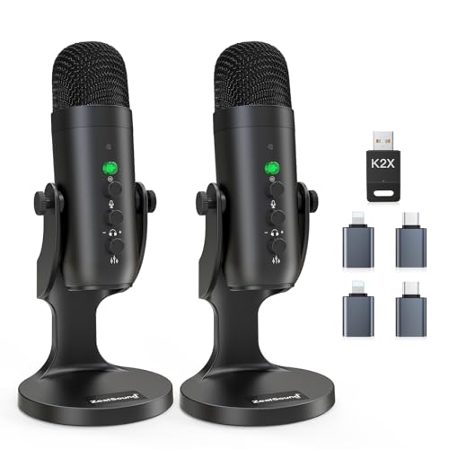 ZealSound Podcast Microphone, Podcast Equipment Bundle for iPhone PC iPad Android, Dual Wireless USB Mic 2.4GHz with Noise Reduction, Tap to Mute, Monitor Gain for Streaming, Recording, YouTube,TikTok - color: Phantom Black