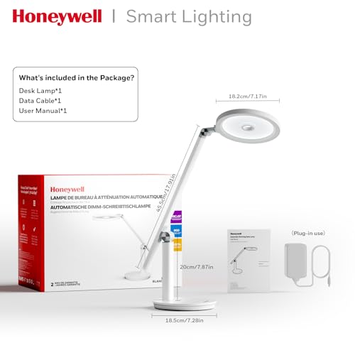 Honeywell Desk Lamp for Home Office, H6 Sunturalux™ Eye-Caring Led Desk Light, 800LM Dimmable Desk Lamp with Timer, Touch Control Tall Desk Reading Light, Table Lamp for Circle Webcam, Study, Bedroom - color: White