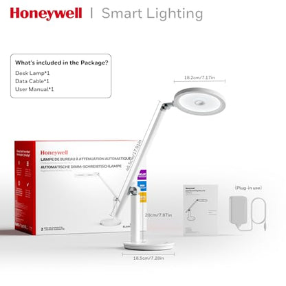 Honeywell Desk Lamp for Home Office, H6 Sunturalux™ Eye-Caring Led Desk Light, 800LM Dimmable Desk Lamp with Timer, Touch Control Tall Desk Reading Light, Table Lamp for Circle Webcam, Study, Bedroom - color: White