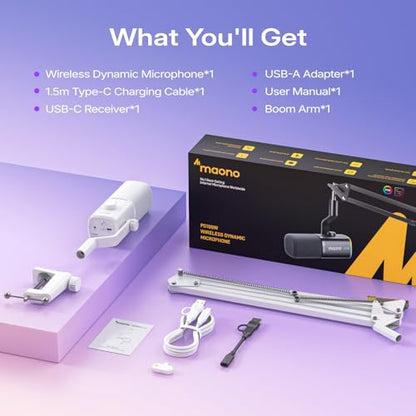 MAONO PD100W Wireless USB Dynamic Microphone, Gaming PC Mic with One-Click Noise Reduction,Mute Button,Custom RGB,3.5mm Headphone Jack,Software,Podcast Streaming Mic (Boom Arm(USB-C Receiver), White) - color: White