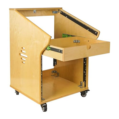 Sound Town DIY Solid Baltic Birch Plywood Recording Studio Rack, Audio Equipment Rack with 11U Slant Mixer Top, 8U Front, 2U Drawer, Rubber Feet, Casters, Golden Oak (SDRK-M11X8) - size: 8U,Golden Oak