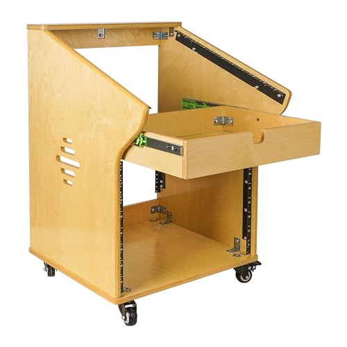 Sound Town DIY Solid Baltic Birch Plywood Recording Studio Rack, Audio Equipment Rack with 11U Slant Mixer Top, 8U Front, 2U Drawer, Rubber Feet, Casters, Golden Oak (SDRK-M11X8) - size: 8U,Golden Oak