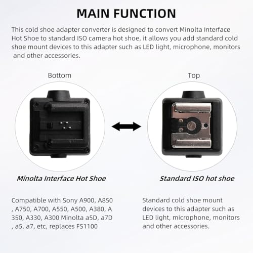 Flash Hot Shoe Adapter Speedlight Shoe Mount Converter for Sony A900 A850 A750 A700 A550 A500 A380 A350 A330 A300 Minolta a5D, a7D, a5, a7 Interface to Universal Standard Hot Shoe with PC Sync Port