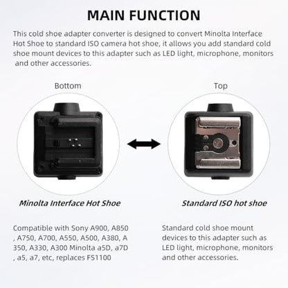 Flash Hot Shoe Adapter Speedlight Shoe Mount Converter for Sony A900 A850 A750 A700 A550 A500 A380 A350 A330 A300 Minolta a5D, a7D, a5, a7 Interface to Universal Standard Hot Shoe with PC Sync Port