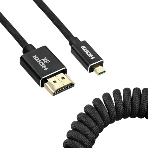 Uonecn Micro HDMI to HDMI Cable Coiled for Atomos Ninja-V, HDMI to Micro HDMI Spring Cord for Canon R5C R5 R6, Support 3D HDR 1080P HD eARC, Black 12-18" - color: Black Braided, size: 12-18"