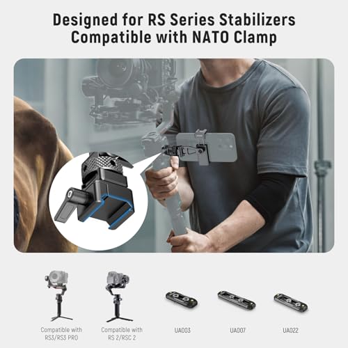 NEEWER Metal Phone Tripod Mount with Cold Shoe NATO Clamp Compatible with DJI RS5 RS4 RS3 Pro RS2 RSC2 Gimbal Stabilizer, 180° Tilt Phone Clip Holder Compatible with iPhone 15 Pro Camera Cage, GA010 - style: GA010 with Nato Clamp