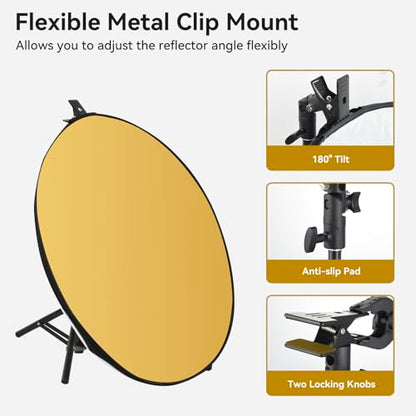 UTEBIT 24"/60cm Reflector Photography with Stand, Include Light Clamp & Bag | 5-in-1 Collapsible Photography Reflector Translucent/Silver/Gold/White/Black with 3/8" Thread for Studio Outdoor Lighting - size: 24 inch