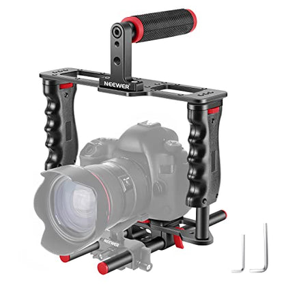 NEEWER Camera Video Cage Film Movie Making Kit, Aluminum Alloy with Top Handle, Dual Hand Grip, Two 15mm Rods, Compatible with Canon Sony Fujifilm Nikon DSLR Camera and Camcorder (Black + Red) - style: CG -MF Red