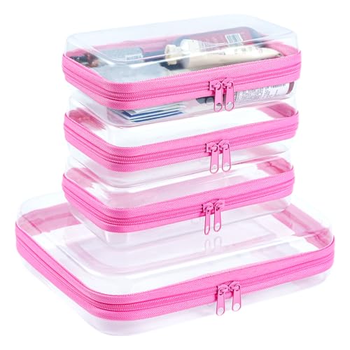 4 pcs Clear Zipper Pouches, Hard Shell Zipper Case, Makeup Organizer Travel Toiletry bag, Diaper Bag, Travel Organizer, Clear Cosmetic Bag,Toy Storage Bins (M+3S Pink) - color: Pink, size: M+3S