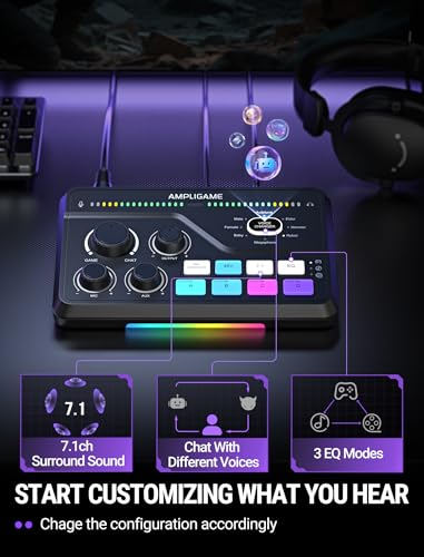Fifine Gaming Mixer for Voice Chat and Streaming- 7.1ch Surround Sound Headphone Amp-XLR Preamp-USB Plug & Play-Voice Changer-RGB-Volume Control-3 EQ Modes Ampligame SC8