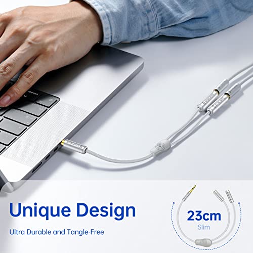 SYNCWIRE Headphone Splitter, Nylon-Braided 3.5mm Extension Cable Audio Stereo Y Splitter (Hi-Fi Sound), 3.5mm Male to 2 Ports 3.5mm Female Headset Splitter for Apple, Samsung & More (No Mic) - Silver - color: Silver