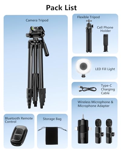 UBeesize Vlogging Kit for iPhone/Android, YouTube Starter Kit with Wireless Lavalier Microphone, Full & Flexible Tripods, LED Fill Light, for Tiktok Content Creators, Video Recording & Live Streaming