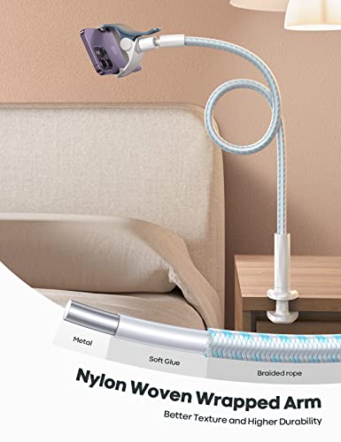 Lamicall Gooseneck Phone Holder Bed - [Nylon Braided] Flexible Arm, Overall Length 38inch, 360 Adjustable Clamp Clip, Overhead Cell Phone Mount Stand for Bed, Desk, White & Blue - color: White