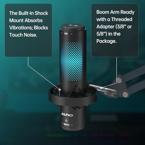 JARO USB Multi-Polar Pattern Condenser Microphone with Mute Noise Cancelation RGB for Podcasting Gaming Streaming YouTube Zoom AMSR Singing Recording [Compatible with PC Laptop Mac PS4/5], J101-CS