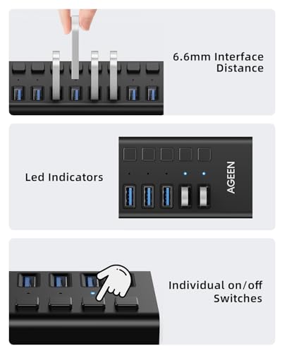 AGEEN 16-Port USB 3.2 Gen 2 Hub, 10Gbps High-Speed Aluminum Powered Hub with 96W Adapter, Individual Switches & Surge Protection for PC/Laptop, Flash Drive, Printer, Camera