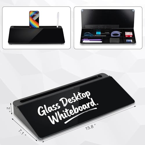 Glass Desktop Whiteboard 15.8×7”, Dry Erase Note Memo Board, Desk Organizer with Storage for Office, Home, Study, Black - color: Black Basic