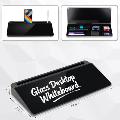 Glass Desktop Whiteboard 15.8×7”, Dry Erase Note Memo Board, Desk Organizer with Storage for Office, Home, Study, Black - color: Black Basic