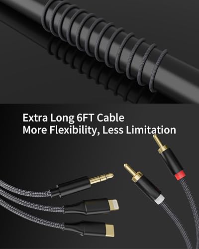 [3-in-1 RCA Audio Cable] Lightning/USB C/3.5mm to 2 RCA – Compatible with iPhone, Android, Home Theater, Car Stereo, Speaker, Amplifier (6FT) - size: 6FT