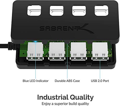SABRENT 4 Port USB 2.0 Data Hub with Individual LED lit Power Switches [Charging NOT Supported] for Mac & PC (HB-UMLS) - size: USB-A 4-Port