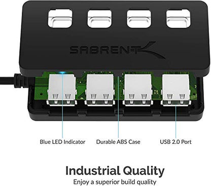 SABRENT 4 Port USB 2.0 Data Hub with Individual LED lit Power Switches [Charging NOT Supported] for Mac & PC (HB-UMLS) - size: USB-A 4-Port
