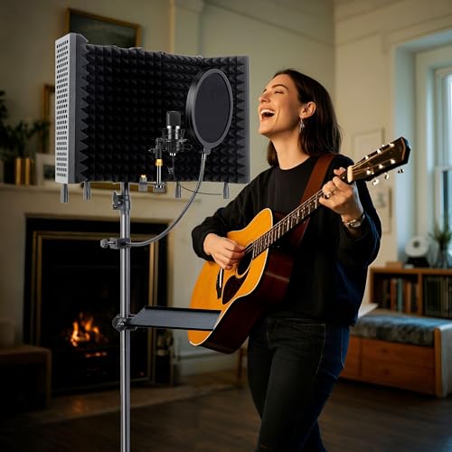 5-Sided Isolation Shield Microphone Stand, Studio-Grade Soundproof Booth with Pop Filter & High-Density Foam, Adjustable Tripod for Home music studio, Podcasting Mic Stand with Pop Filter