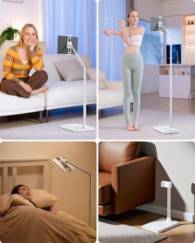 Viozon Tablet Floor Stand, Height & Angle Adjustable Tablet Holder with Aluminum Alloy Arm Tube, 360° Rotation for Bed, Sofa, Desk, Compatible with 3.5-11'' iPad Pro/Air/Mini, iPhone 15/14, Kindle. - color: White