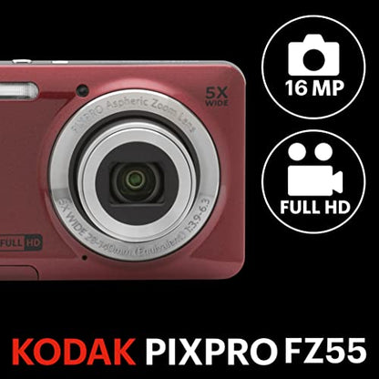 Kodak PIXPRO FZ55-RD 16MP Digital Camera 5X Optical Zoom 28mm Wide Angle 1080P Full HD Video 2.7" LCD Vlogging Camera (Red) Packaging May Vary | 16.35MP Sensor, 28mm Wide-Angle, 1080p Full HD Video, 2.7 LCD - color: Red