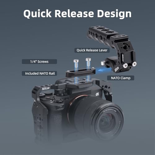 Nitze Quick Release NATO Handle with NATO Rail and Cold Shoe Adapter, Ergonomic Camera Top Handle for Camera Rigs (Stinger Series) - PA28-A