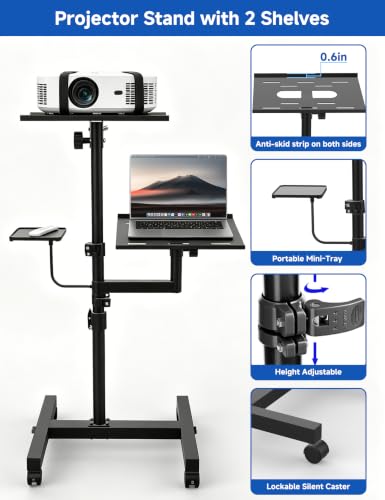 KOOV 2 Shelves Projector Stand, Max 47" Height Adjustable, Mobile Cart on Wheels, Projector Tripod Stand, Rolling Laptop Floor Stand, For Couch - size: 47inch