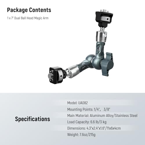 NEEWER 7" Articulating Magic Arm, Camera Monitor Mount Ball Heads Anti Twist Pins 1/4" 3/8" Screws for DSLR Action Camera Webcam Video Light Compatible with SmallRig Cage Rig, Max Load 6.6 lbs, UA082 - style: UA082
