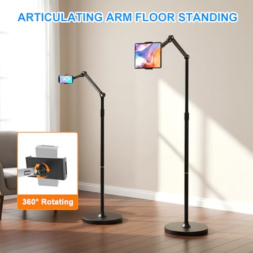 66“ Floor stand articulating arm with adjustable , Minimalist Design, Space-Saving, Highly Flexible,For Watching/Stream/Recording ON Bed&Couch, for iPad Pro 12.9”/Kindle/iPhone,4.5-13” Tablet/Phone