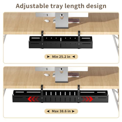 Under Desk Cable Management Tray, Expandable 25.2"– 38.6" No Drill with Clamp Mount Cord Management, Black Carbon Steel Cord Organizer for Desk, Home, Office