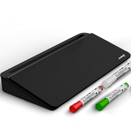 Chalkola Black Glass Desktop Whiteboard with Storage - Dry Erase Board, Work Desk Organizers, Computer Keyboard Stand, Home Office Desk Accessories, Workspace Desktop Buddy + 3 Markers - color: Black