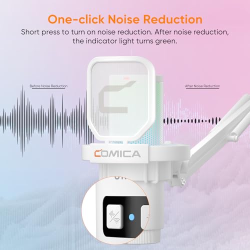 COMICA EJoy Uni Pro Wireless USB Condenser Gaming Microphone for PC, PS4, PS5, USB C Phone and Mac, Boom Arm RGB Computer Mic for Twitch, Streaming, Podcasting, Noise Cancellation Mic with Mute, Gain - color: White