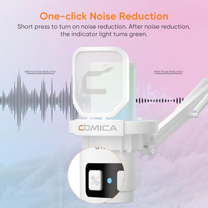 COMICA EJoy Uni Pro Wireless USB Condenser Gaming Microphone for PC, PS4, PS5, USB C Phone and Mac, Boom Arm RGB Computer Mic for Twitch, Streaming, Podcasting, Noise Cancellation Mic with Mute, Gain - color: White