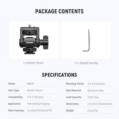 NEEWER Field Monitor Mount Holder with Cold Shoe 360° Swivel 180° Tilt Anti Twist Screw Compatible with Atomos Ninja 5" & 7" Camera Monitor, SmallRig Camera Cage, MA019 - style: MA019 w/Cold Shoe