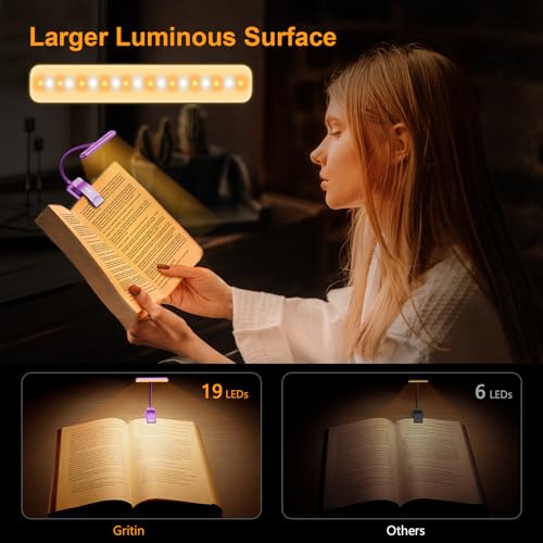 Gritin 19 LED Rechargeable Book Light for Reading in Bed | Eye Caring 3 Color Temps,Stepless Dimming Brightness,Memory Function,90 Hrs Runtime Lightweight Clip on Light-Purple - color: Purple
