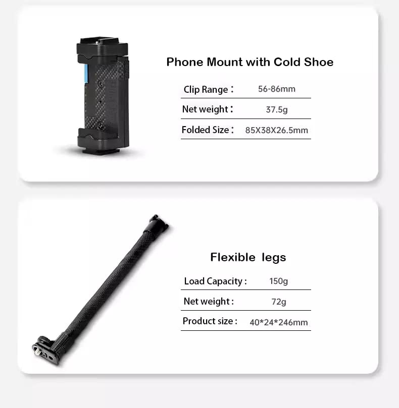 Portable & Sturdy Adjustable Phone Tripod,Cell Phone Mount Easy to Adjust 360° Ball Head, Mini Tripod with Cold Shoe Mount, 1/4'' Screw for Magic Arm,Selfie Stick Stand for Smartphone DSLR Camera