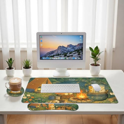 Cute Cat Desk Mat Set Cozy Camping Large Mouse Pad with Wrist Rest 4in1 Desk Mat for Desktop Ergonomic Computer Desk Arm Wrist Anti-Slip Computer Ergonomic Mouse Pad Home Office Gaming - color: Cute Cat