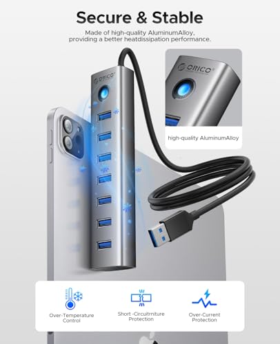ORICO 7-Port USB 3.0 Hub, Aluminum USB Multiple Adapter, 5Gbps USB Extender USB Splitter with 3.28Ft Cable, UBS-A Hub Long Cable for Desktop, PC, Flash Drive, Mobile HDD, Windows/XPS - size: 3.28Ft