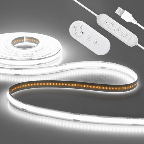 ALITOVE LED Light Strip 5V USB 16.4FT 6000K White COB LED Strip Light with Remote Ultra Bright White LED Lights Dimmable Flexible Tape Lights for Mirror Cabinet Living Room Kitchen Ceiling Closet - color: 6000K Cold White, size: 16.4FT