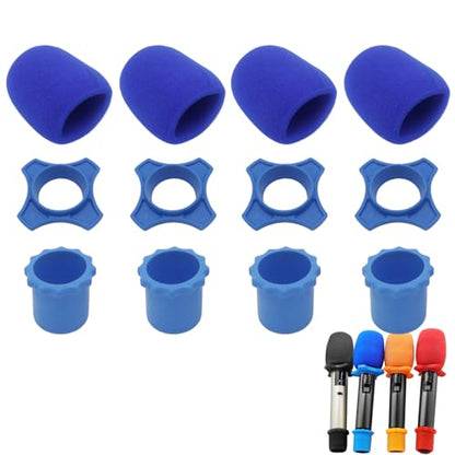 4 Set Blue Wireless Handheld Microphone Protection Kit - Shakeproof Anti-Rolling Silicone Ring, Bottom Rod Sleeve Holder, Windscreen Foam Cover for KTV Mic Device - color: Blue