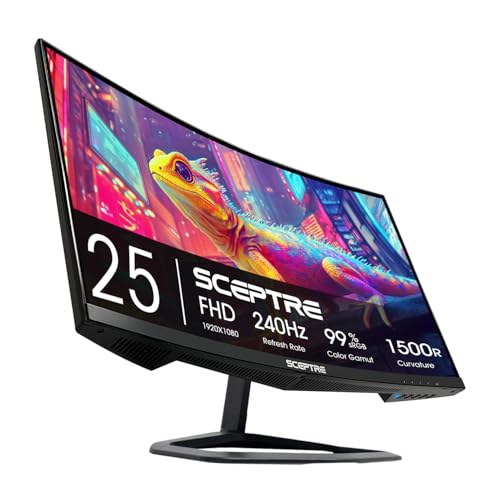 Sceptre Curved 24.5-inch Prime Gaming Monitor up to 240Hz 1080p R1500 1ms DisplayPort x2 HDMI x2 Blue Light Shift Build-in Speakers, Machine Black 2025 (C255B-FWT240 Series) - style: 24.5" Curved 240Hz