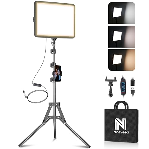 NiceVeedi 1-Pack Photography Lighting Kit, 2800-6500K Bi-Color LED Video Light Kit, Dimmable Studio Light with Tripod Stand & Phone Holder, Light for Video Recording, Game Streaming, YouTube - color: 15W-1 Pack (USB-C Adapter)